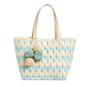 BTB Bria Straw Tote Cream and Blue Woven Tote Bag with Pom-Poms